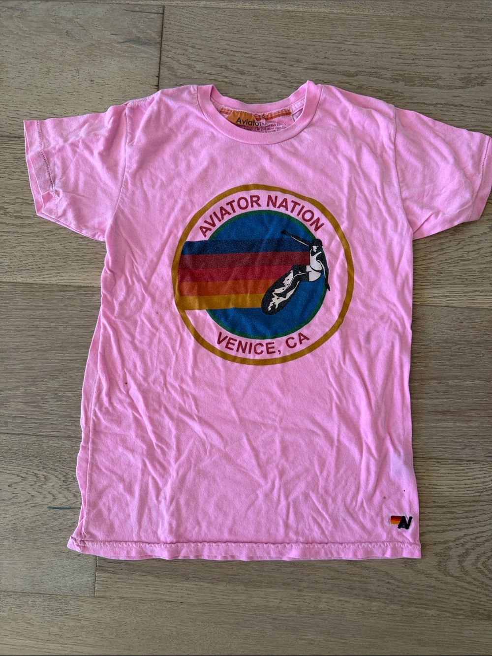 Aviator Nation Pink Short Sleeve Tee with Retro Multicolor Graphic